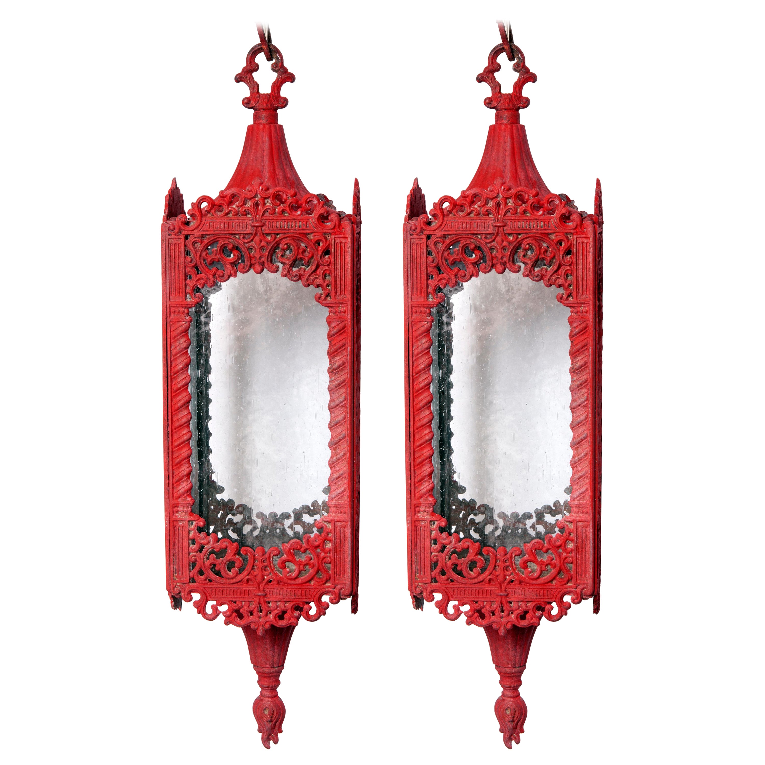 Moroccan Red Lanterns with Seeded Glass Panels For Sale