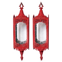 Vintage Moroccan Red Lanterns with Seeded Glass Panels