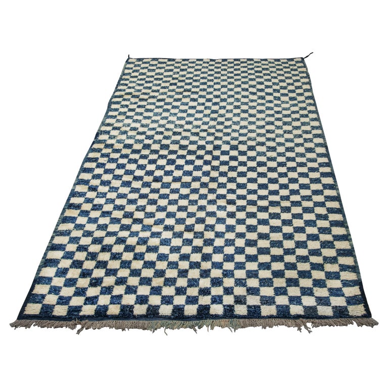 Indigo Blue and Neutral Beni Ouarain Moroccan Rug Yuba 9'8"x 6'6" For Sale at 1stDibs