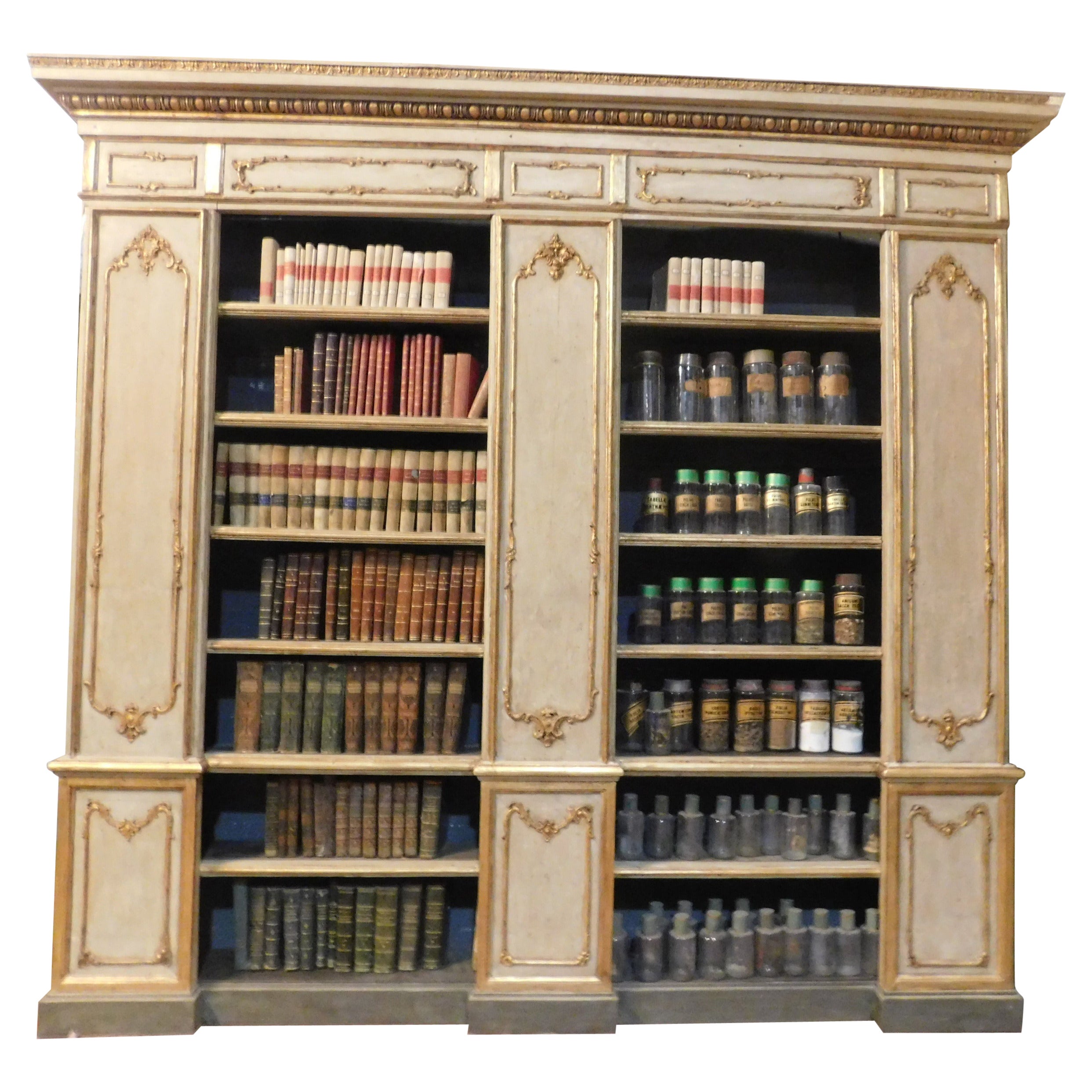 Antique Lacquered Gilded Bookcase, Carved Columns & Friezes, 19th Century Italy