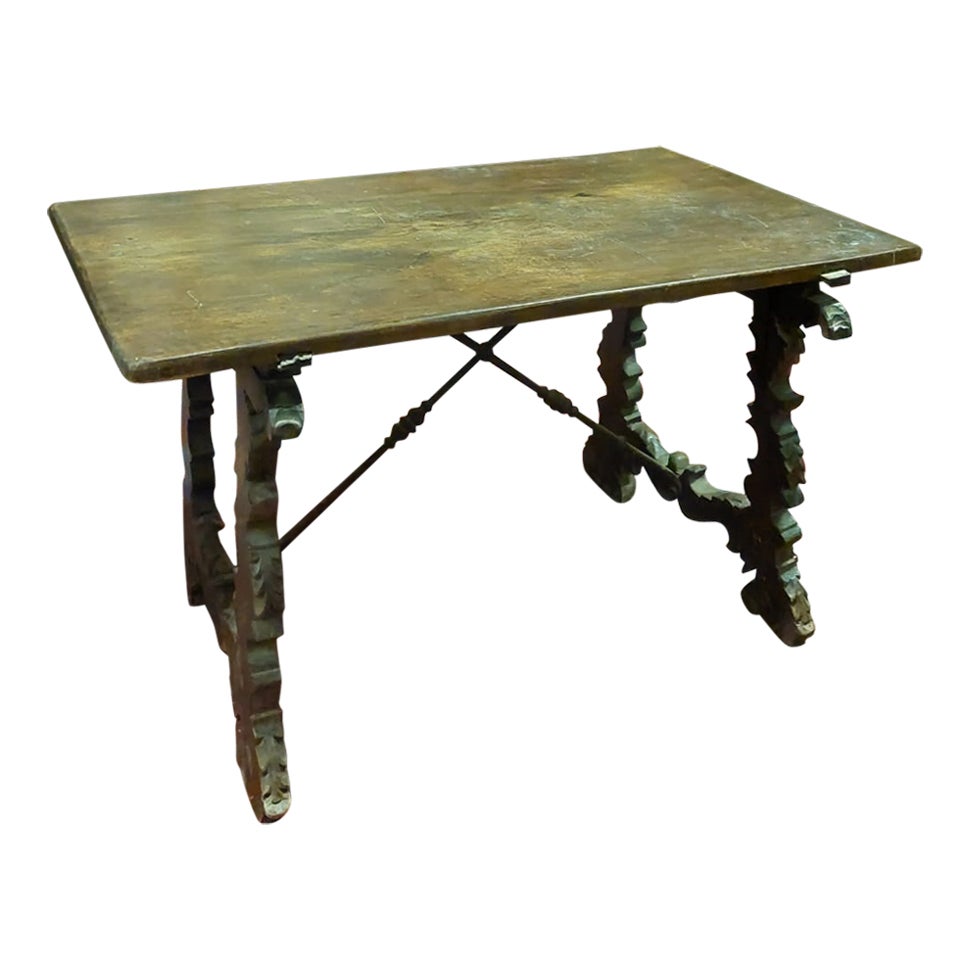 Table de réfectoire ancienne en noyer, pieds ondulés et fer, Espagne du XVIIIe siècle