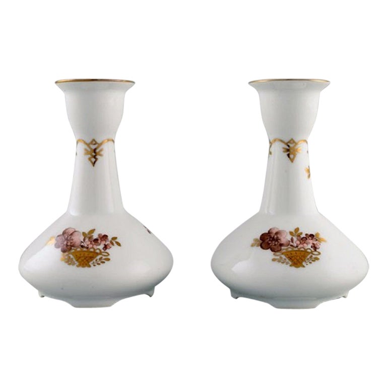 Two Royal Copenhagen Golden Basket Candlesticks in Porcelain with Flowers For Sale