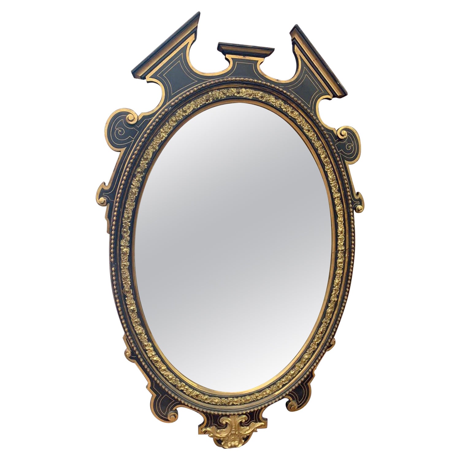 Big Oval Mirror, Black and Gold with Carved Frills, Late 19th Century Italy