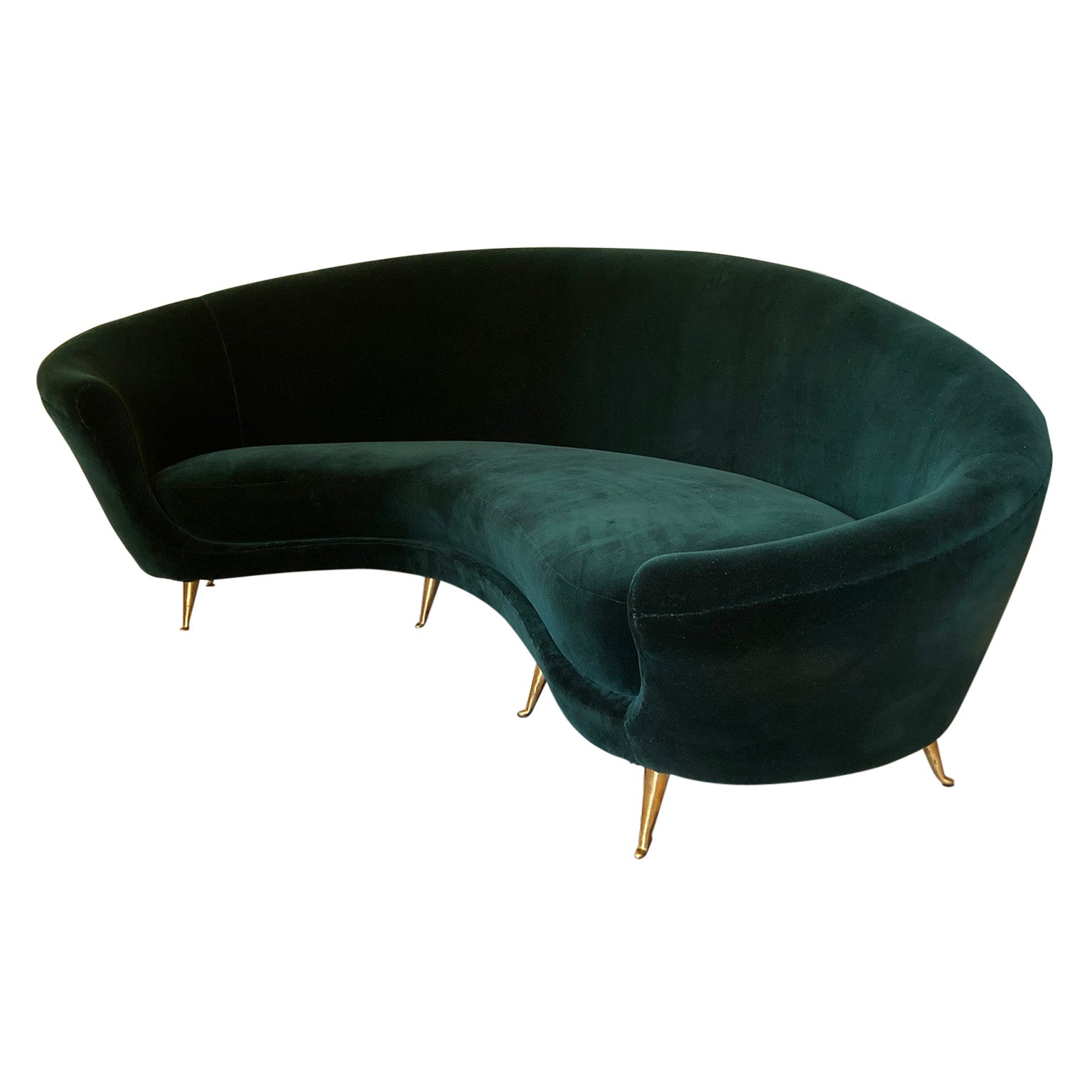 Mid Century Italian ‘50s original ISA GreenVelvet Curved Sofa, Shipping Included For Sale
