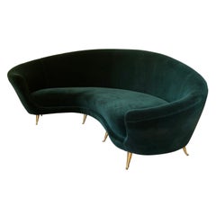 Mid Century  Italian  ISA Green Velvet Curved Sofa, 1950s Shipping US Included