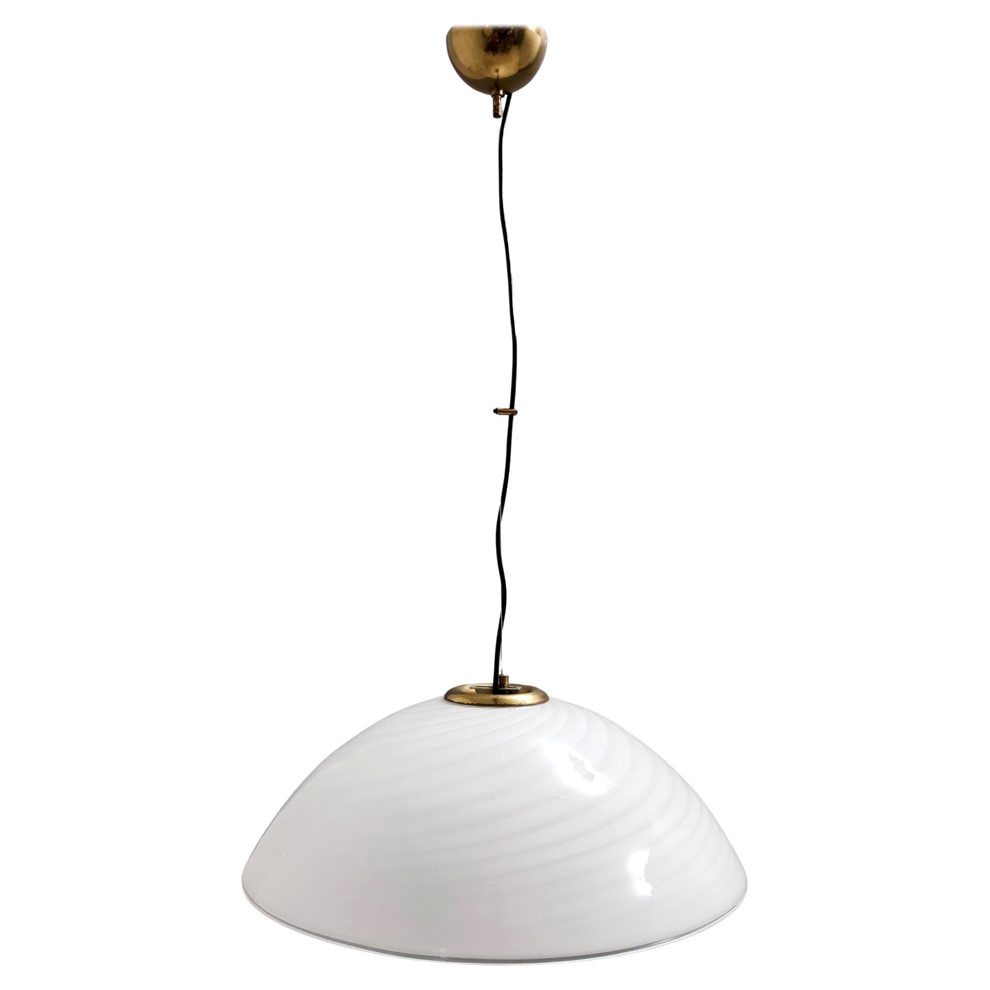 Postmodern Adjustable White Murano Glass and Brushed Brass Pendant by VeArt For Sale