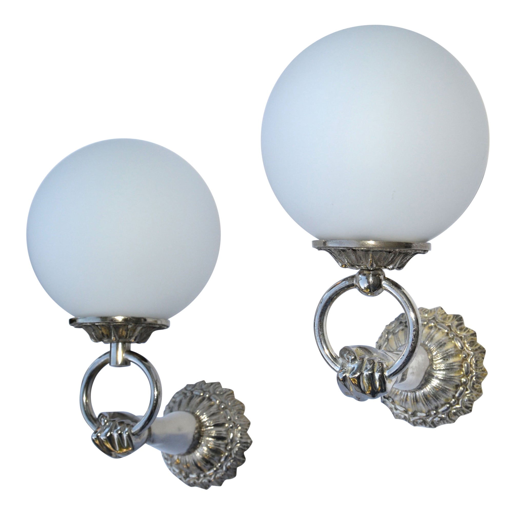 Pair, Arlus Style Neoclassical Hand Nickel & Round Opaline Glass Sconces France For Sale