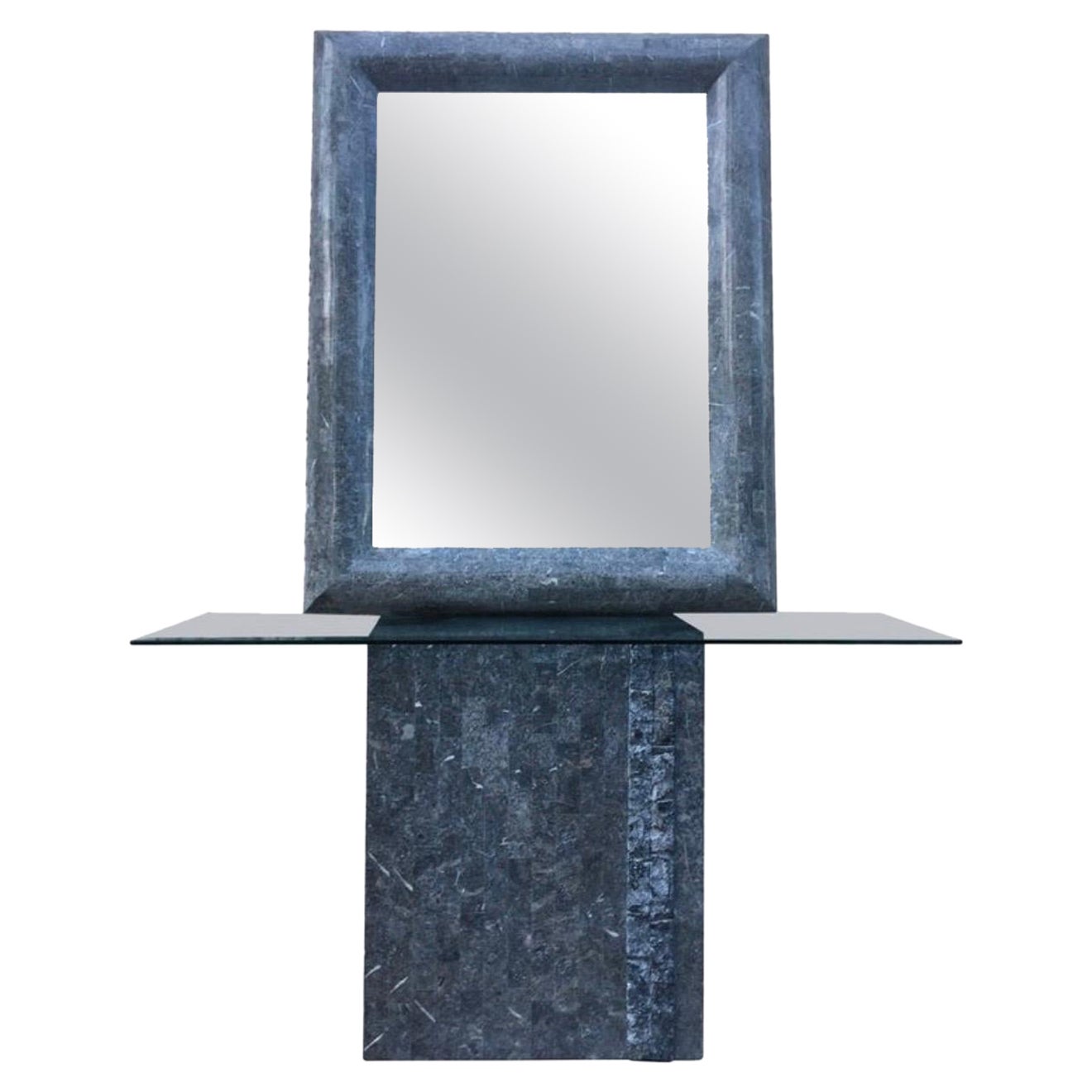 Maitland Smith Grey Modern Tessellated Stone Console and Mirror Set