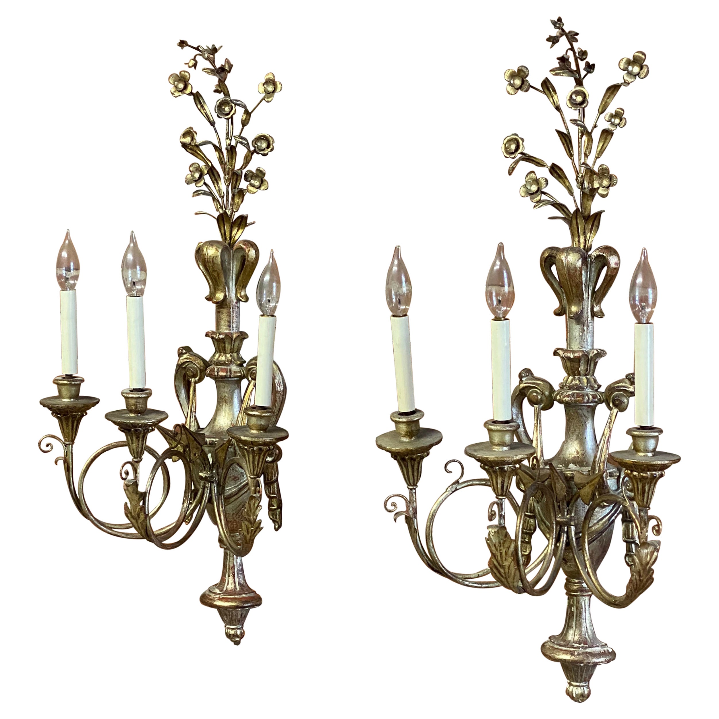 Silver Gilt Carved Wood Italian Baroque Style Sconces, a Pair