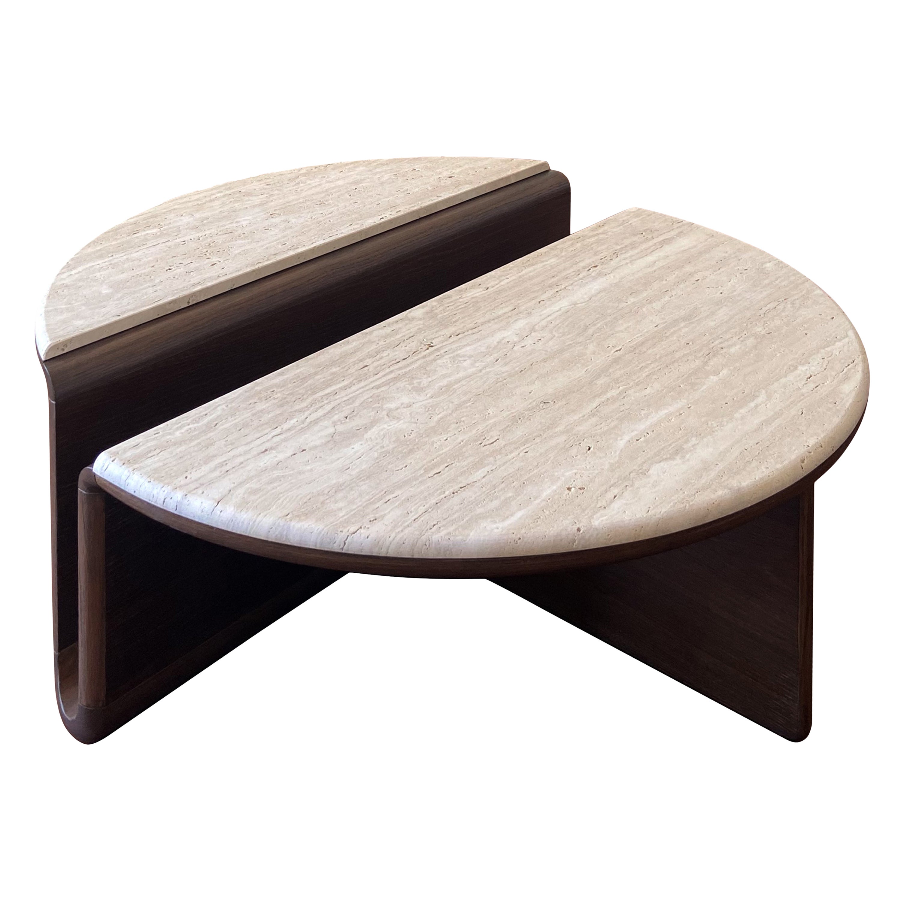Tavolino Kanyon con Travertino, Scultura Contemporanea Rotonda Smoked Oak