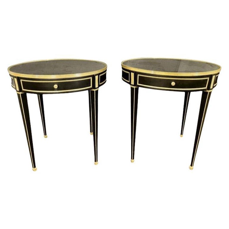 Jansen Style, Hollywood Regency, End Tables, Black Wood, Mirror, Brass, 1960s