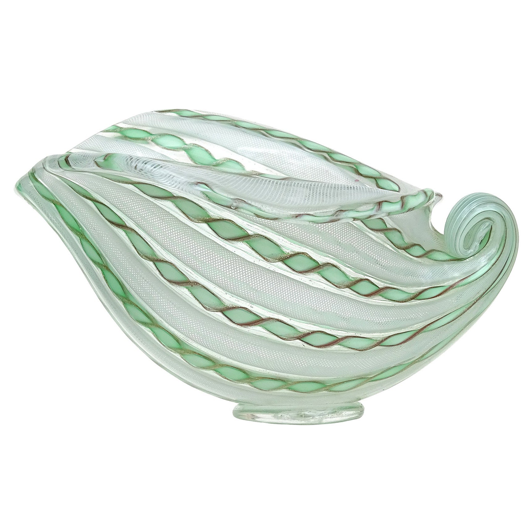 Murano White Green Aventurine Flecks Ribbons Italian Art Glass Seashell Bowl