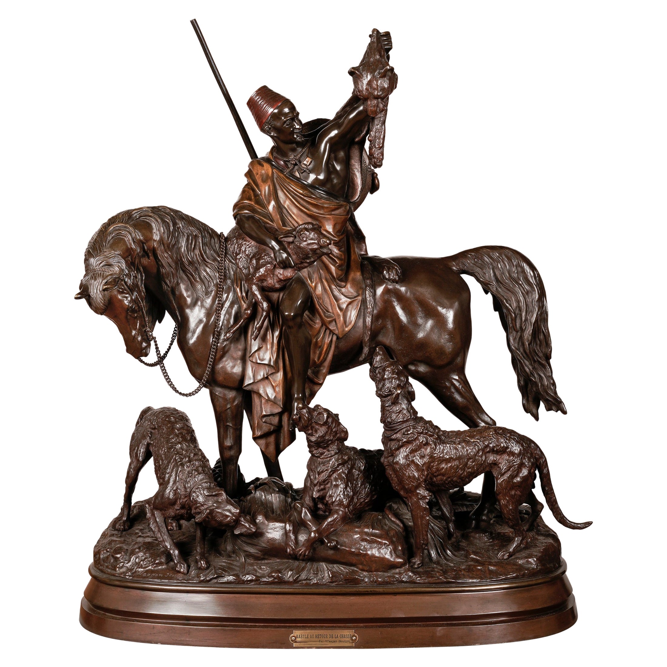 Sculpture en bronze du 19ème siècle "Kabyle au retour de la chasse" par Waagen