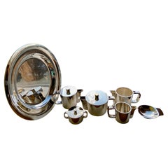 Mid Century Gio Ponti Silvered Coffee and Tea Set on Circular Tray, for A. Krupp