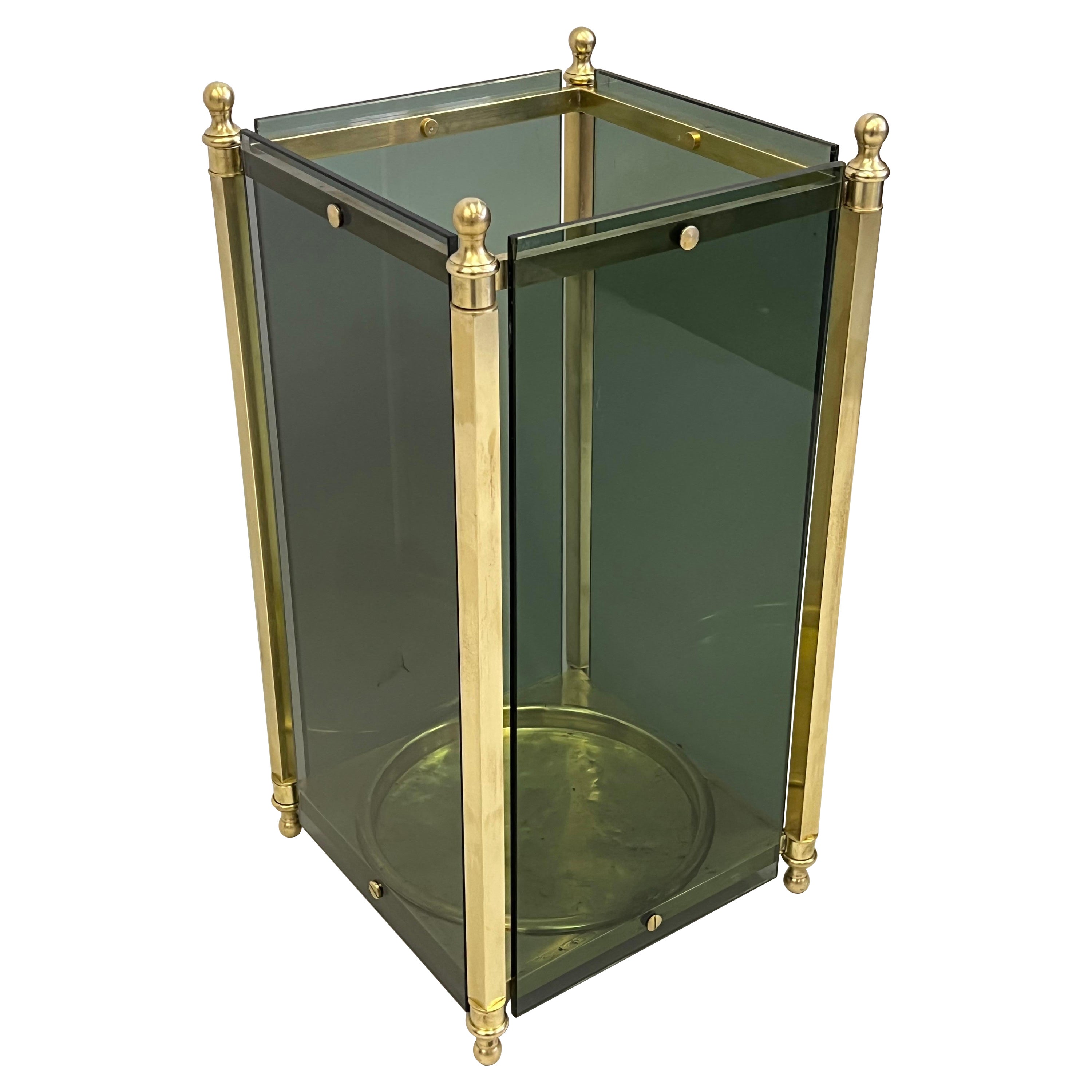 Italian Modern Neoclassical Brass & Green Glass Umbrella Stand by Fontana Arte