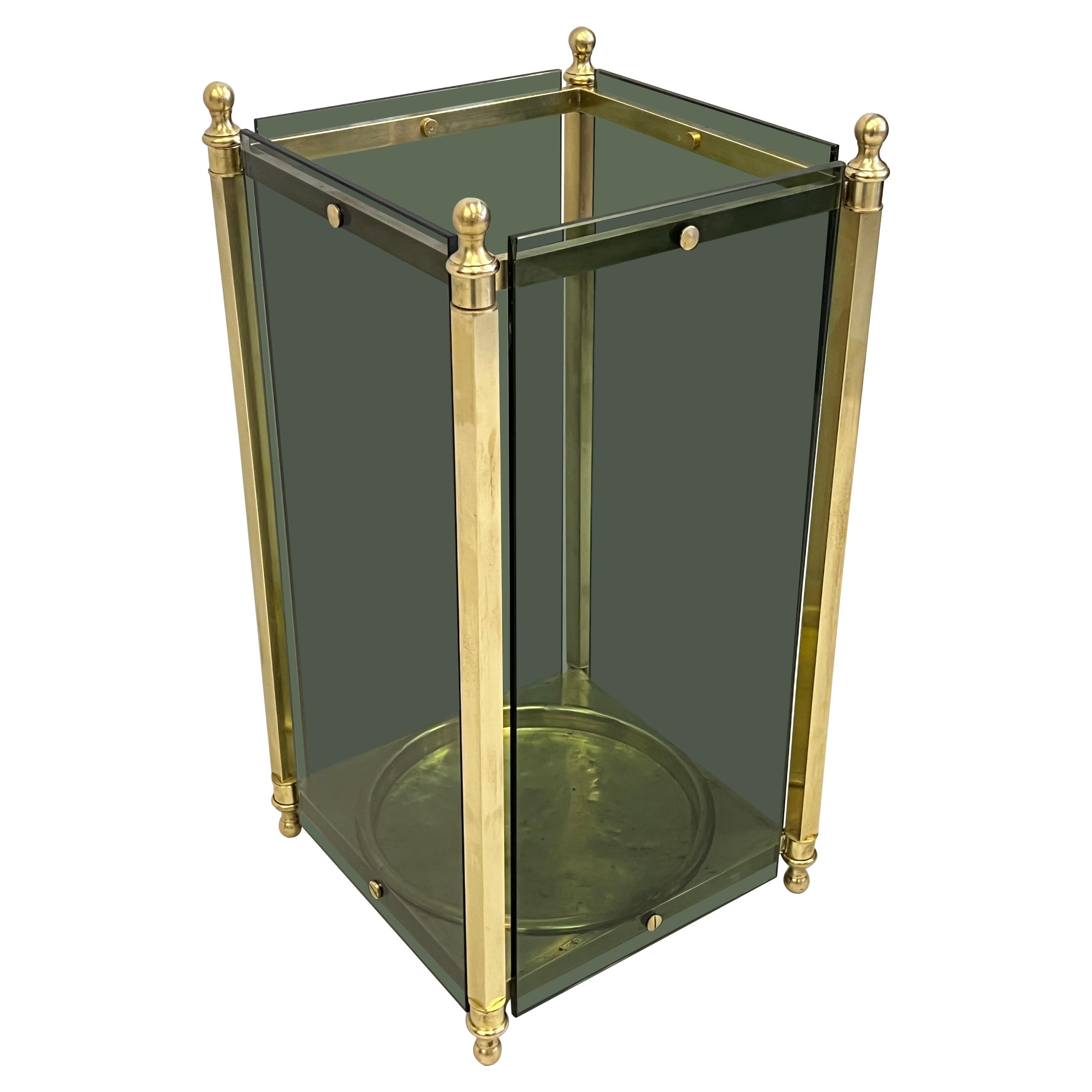 Italian Modern Neoclassical Brass & Green Glass Umbrella Stand by Fontana Arte