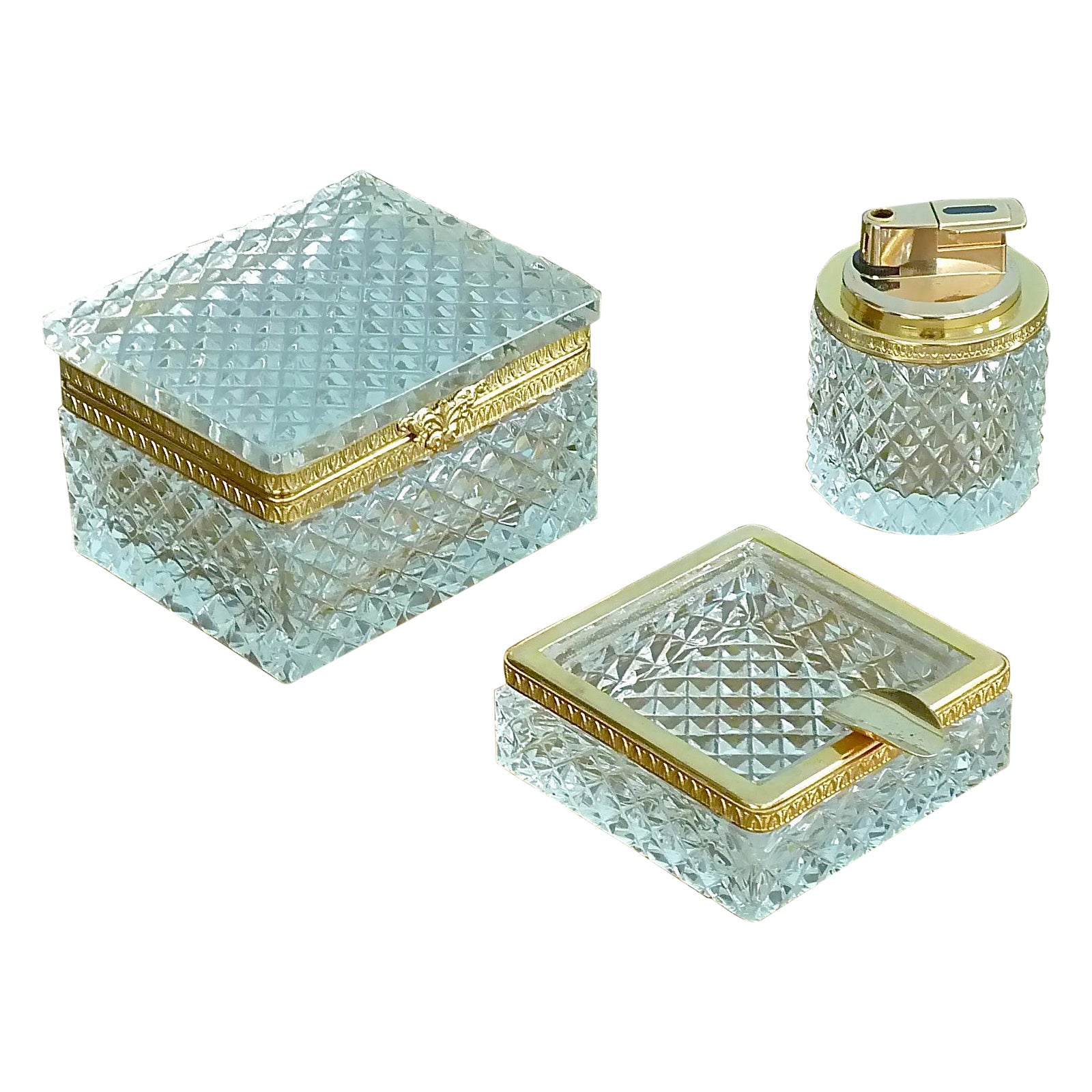 Rare 1950s Baccarat Crystal Glass Smoking Set Gilt Brass Ashtray Box Lighter