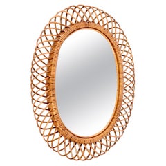 Midcentury Curved Rattan and Bamboo Italian Double Framed Oval Mirror, 1960