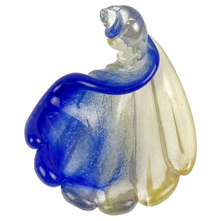 Seguso Murano Blue Pulveri Gold Flecks Italian Art Glass Shell Trinket Bowl Dish For Sale