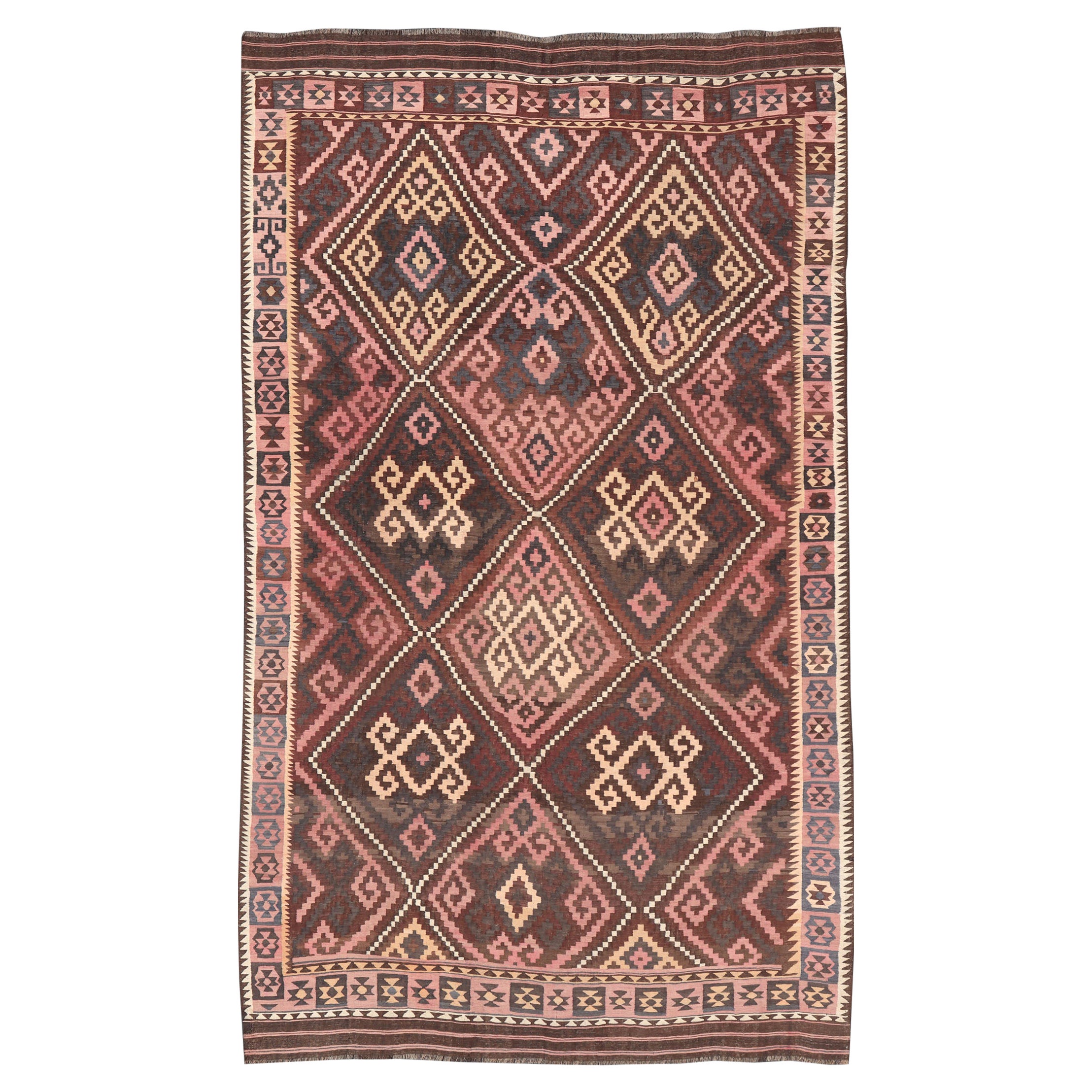 All-Over Hand Woven Geometric Kilim Diamond Design in Brown, Pink, and Ivory For Sale