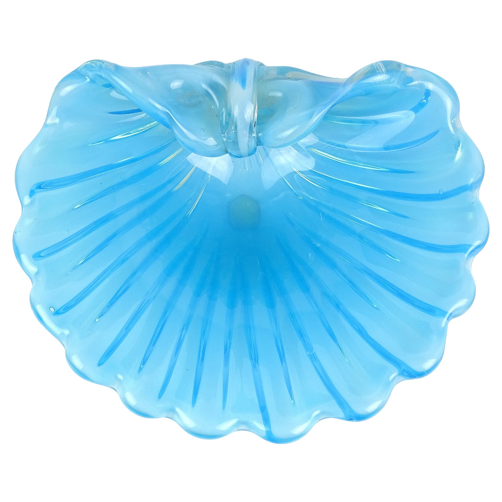 Cenedese Murano Opalescent Blue White Italian Art Glass Fan Conch Seashell Bowl For Sale