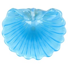Cenedese Murano Opalescent Blue White Italian Art Glass Fan Conch Seashell Bowl