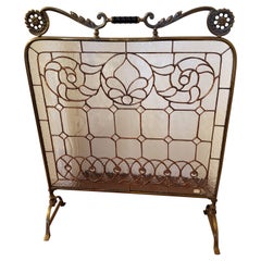 Antique Custom Made Leaded Stained Glass Fire Place Screen with Brass Frame, Circa 1890