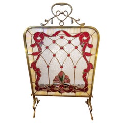 Antique Edwardian Custom Made Leaded Stained Glass Fire Place Screen in Brass Frame