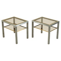 Pair of Mid-20th Century French Steel and Brass Side Tables with Smoked Glass