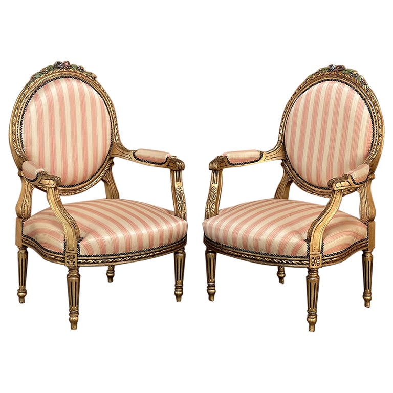 Pair 19th Century French Louis XVI Giltwood Armchairs with Silk For ...