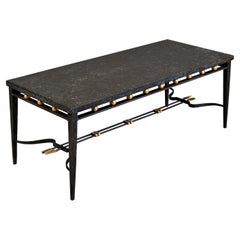 Imposing Wrought Iron Table with Gilt Decor and Marble Top, France, 1950's