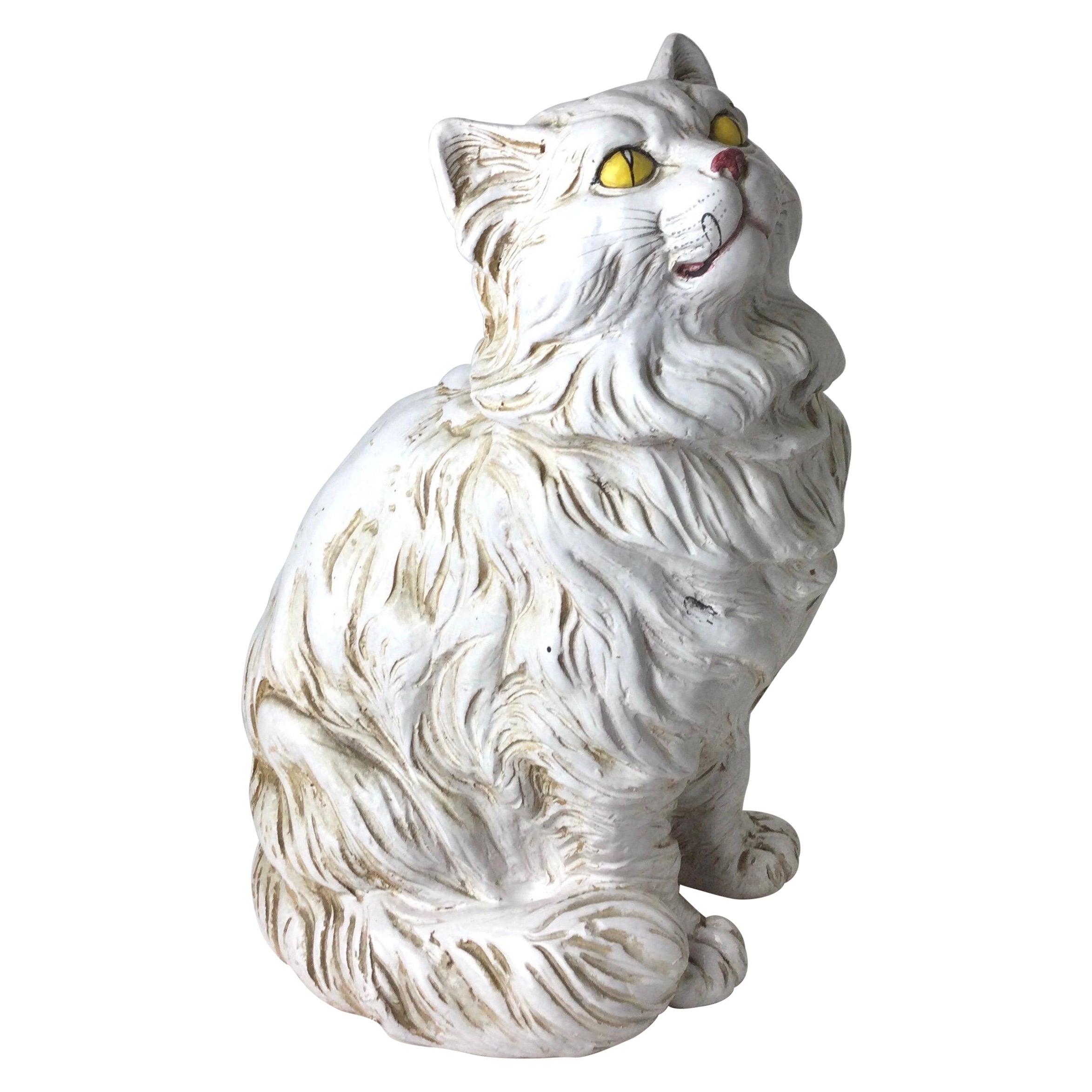 Vintage Italian Pottery Large White Cat Figure Statue Sculpture For Sale