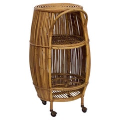 Italian Mid-Century Rattan and Bamboo Barrel-Shaped Bar Cart