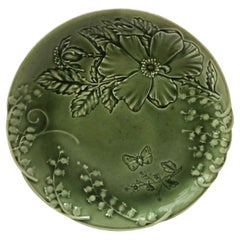 French Green Majolica Plate Flowers & Butterfly Choisy le Roi Circa 1880