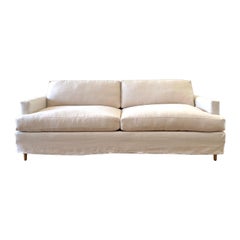 Custom Linen Slip Covered Square Arm Sofa with Down Cushions