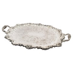 Large Antique Oval Silver Plated Serving Tray with Ornate Floral Decoration