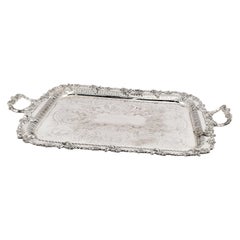 Large Antique English Silver Plated Serving Tray with Grape & Leaf Decoration