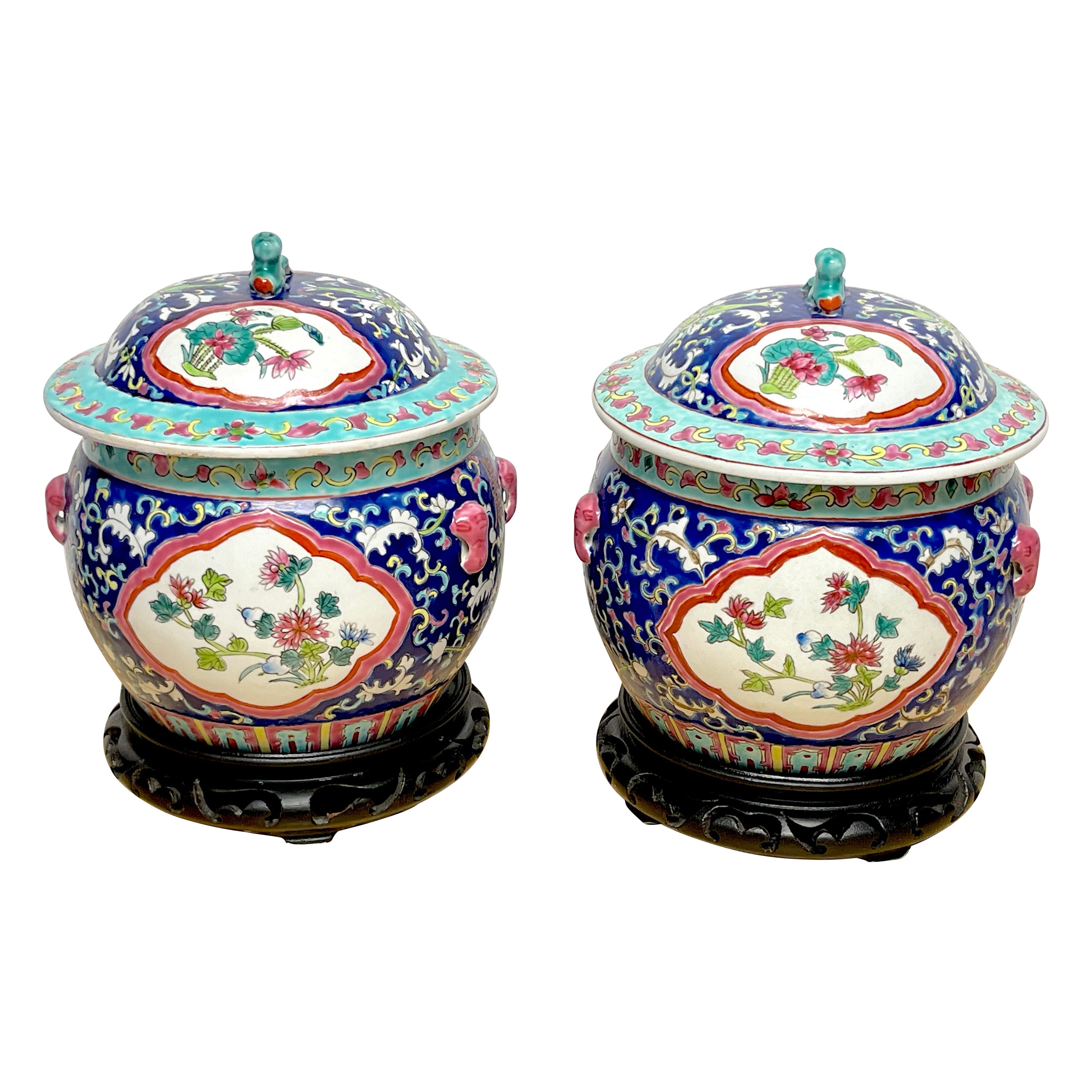 Pair of Chinese Export Famille-Rose Enameled Covered Urns & Stands  For Sale