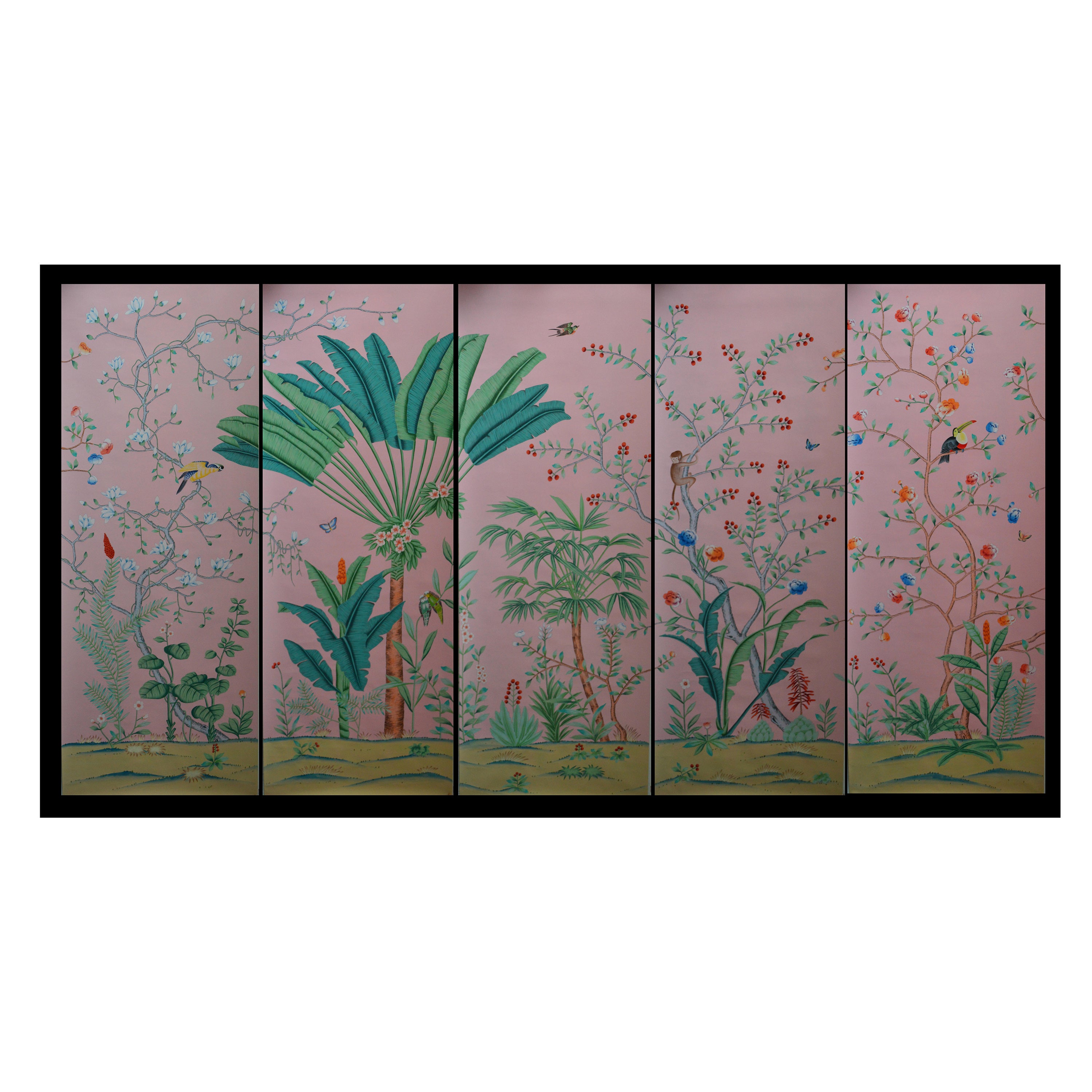 Palm Tree Chinoiserie Wallpaper Hand Painted Wallpaper on Silk Panel For Sale