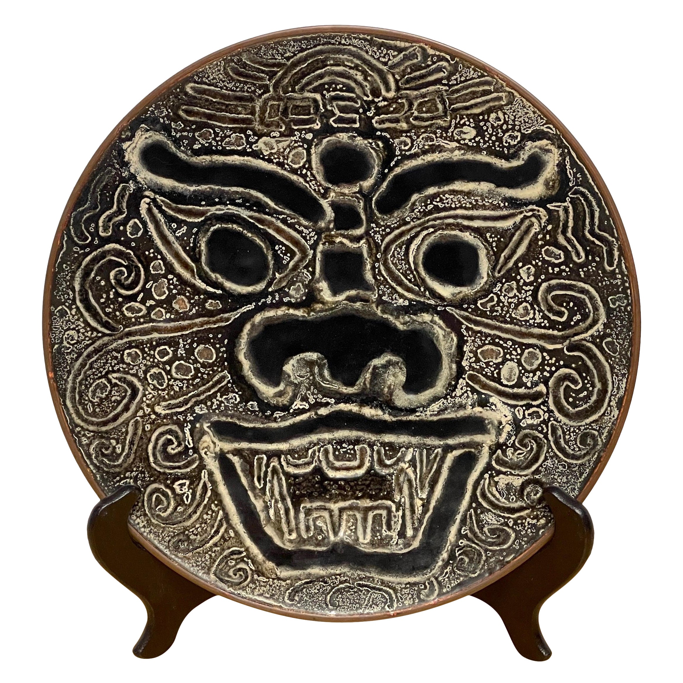 Modern Chinese Export Enamel Foo Dog Motif Charger with Stand