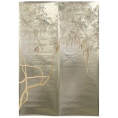 Wisteria Wallpaper Hand Painted Wallpaper on Silver Metallic Panel 