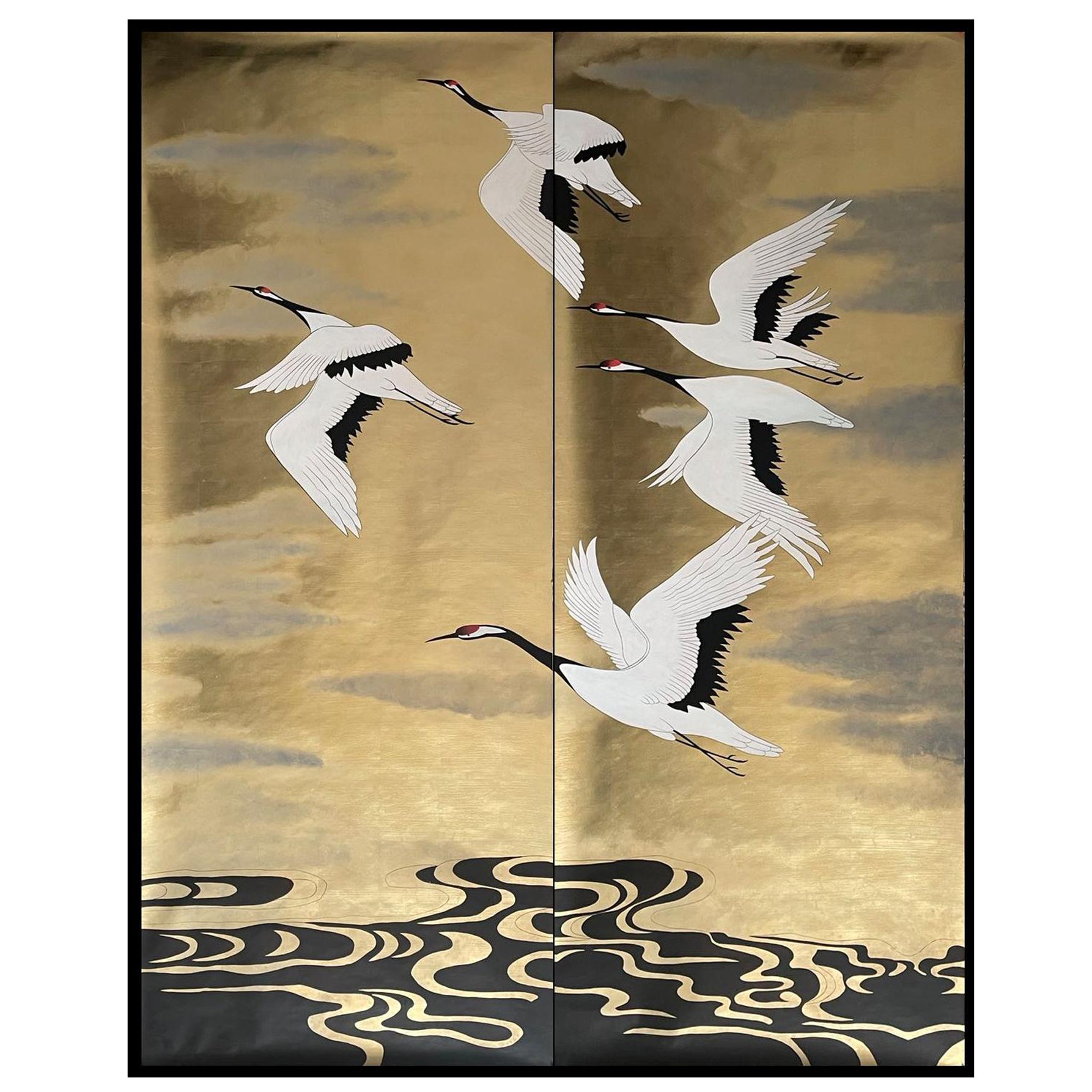 Cranes-Tapete, handbemalte Wandteppich auf antikem Goldmetallic-Paneel
