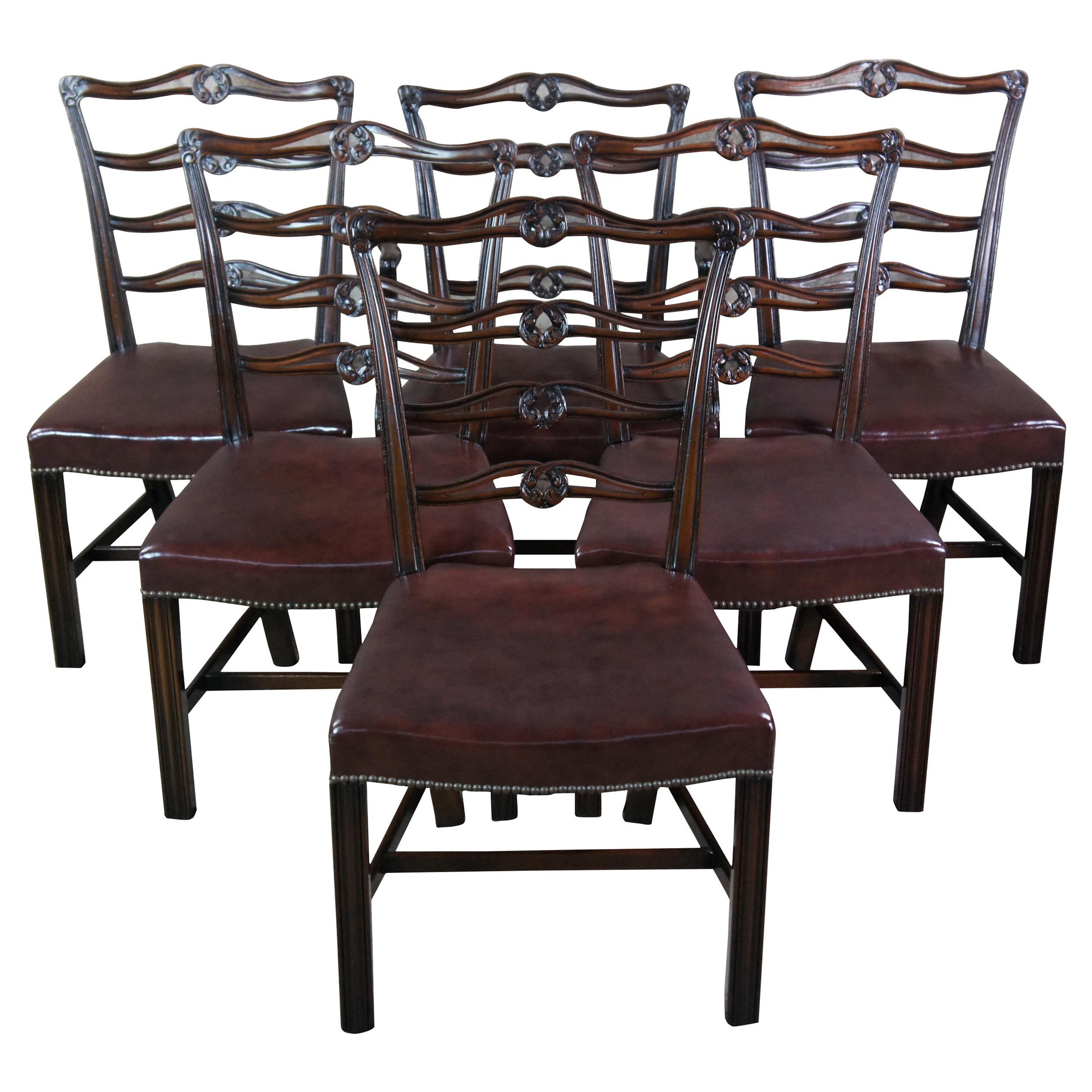6 Antique Chippendale Carved Mahogany Ladder Ribbon Back Leather Dining Chairs