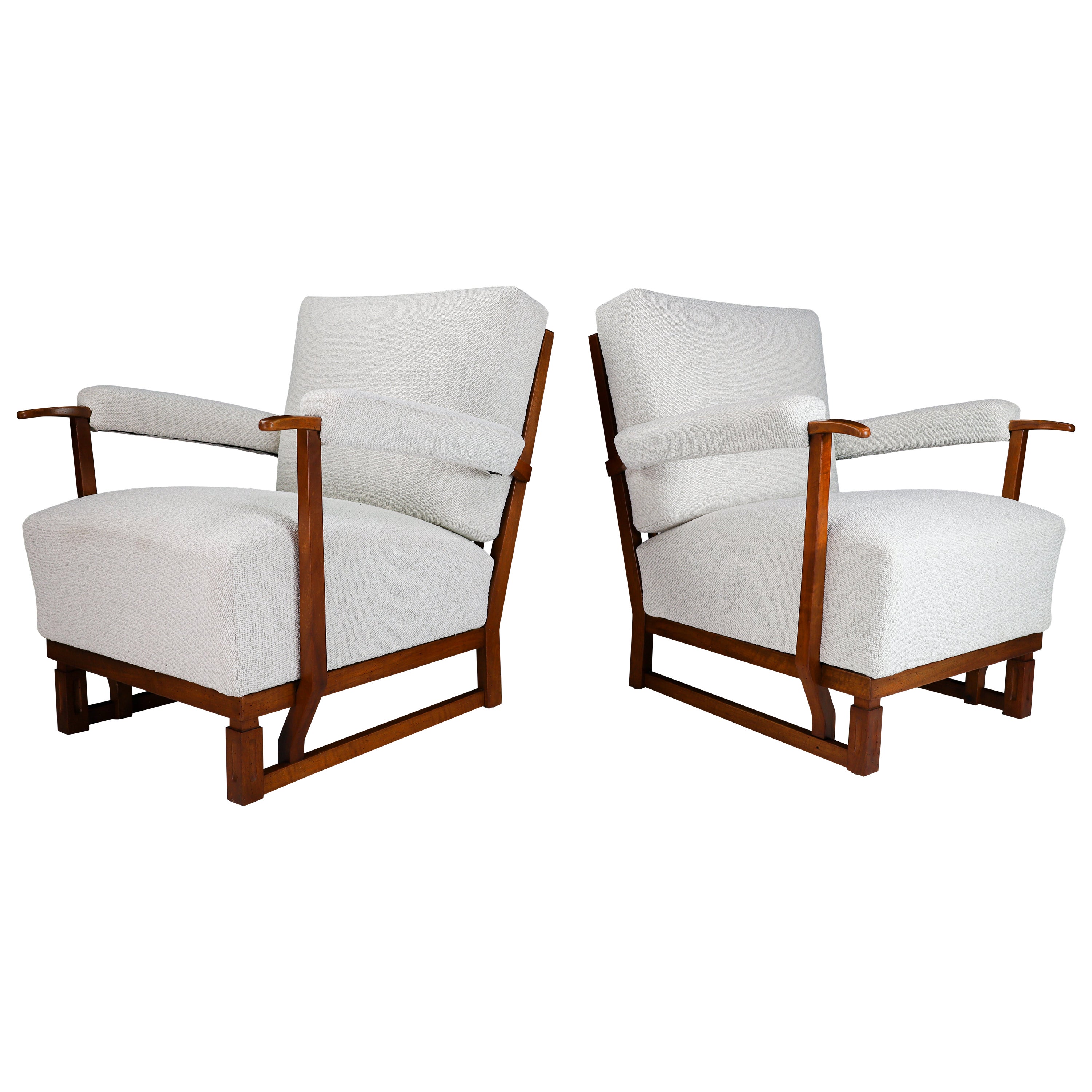 Art Deco Lounge Chairs in Oak & Reupholstered in Bouclé Fabric France '40s For Sale