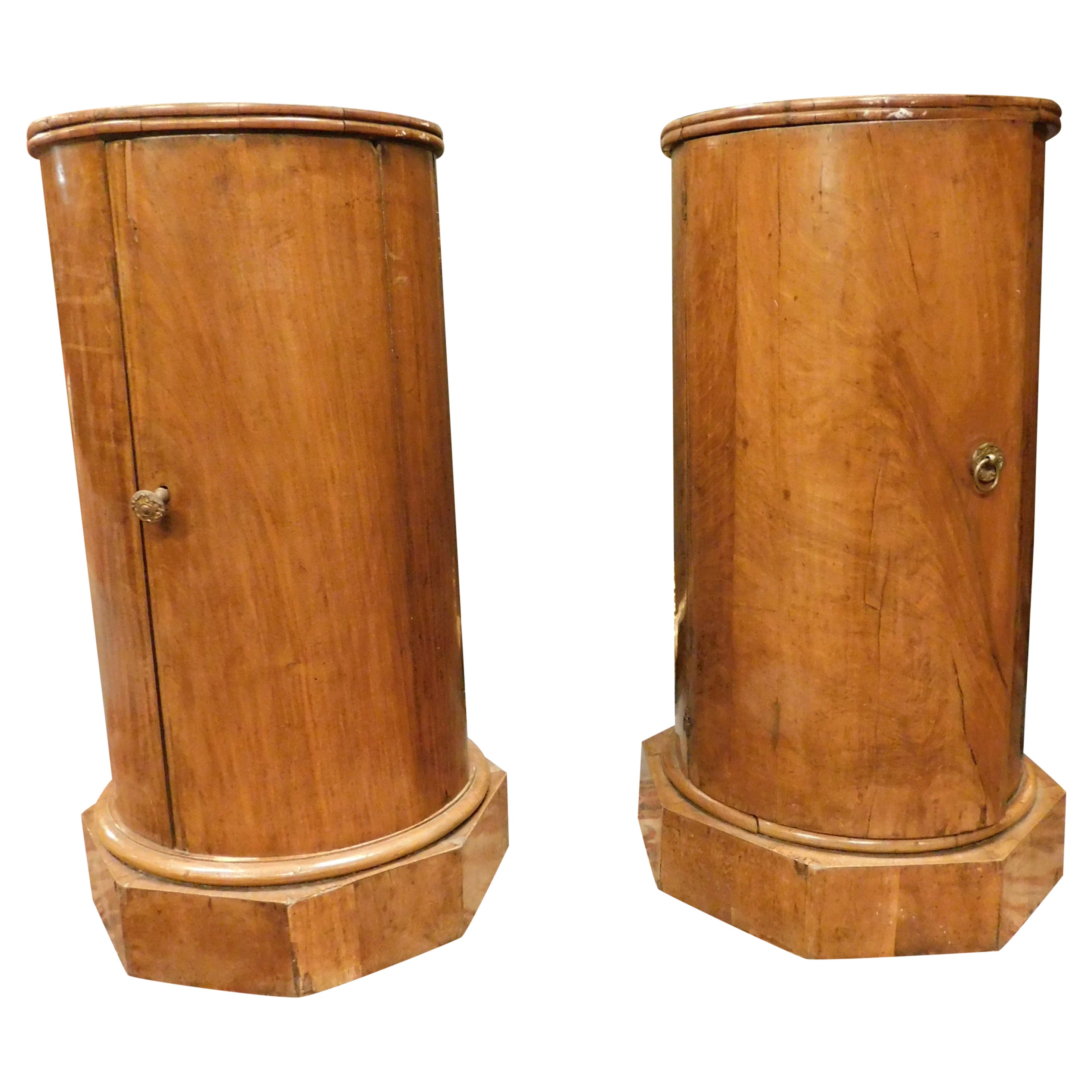 Antique Pair of Walnut Cylinder Tables, Night Tables, Early 19th Century, Italy