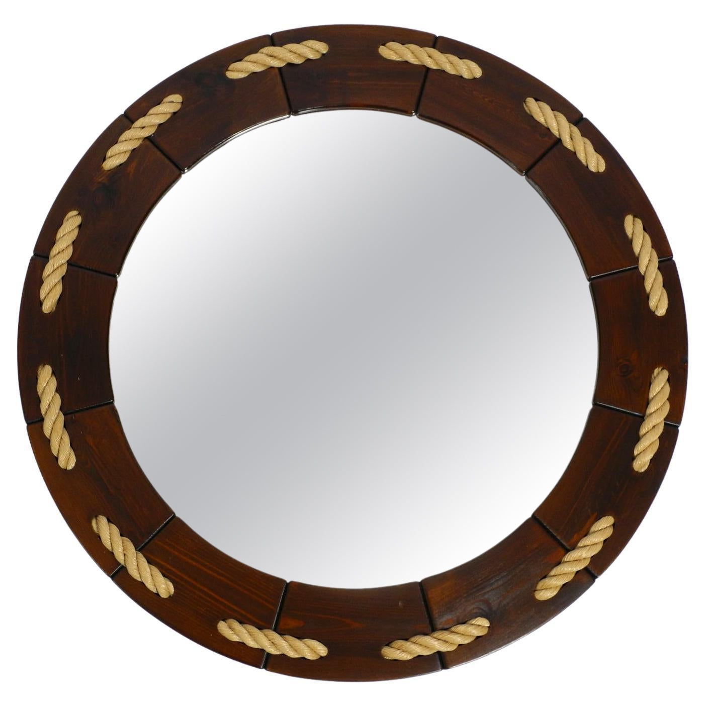 Huge 1970s Maritime Round Pine Wood Wall Mirror from Denmark For Sale