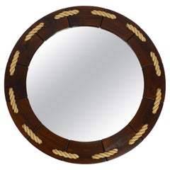 Huge 1970s Maritime Round Pine Wood Wall Mirror from Denmark