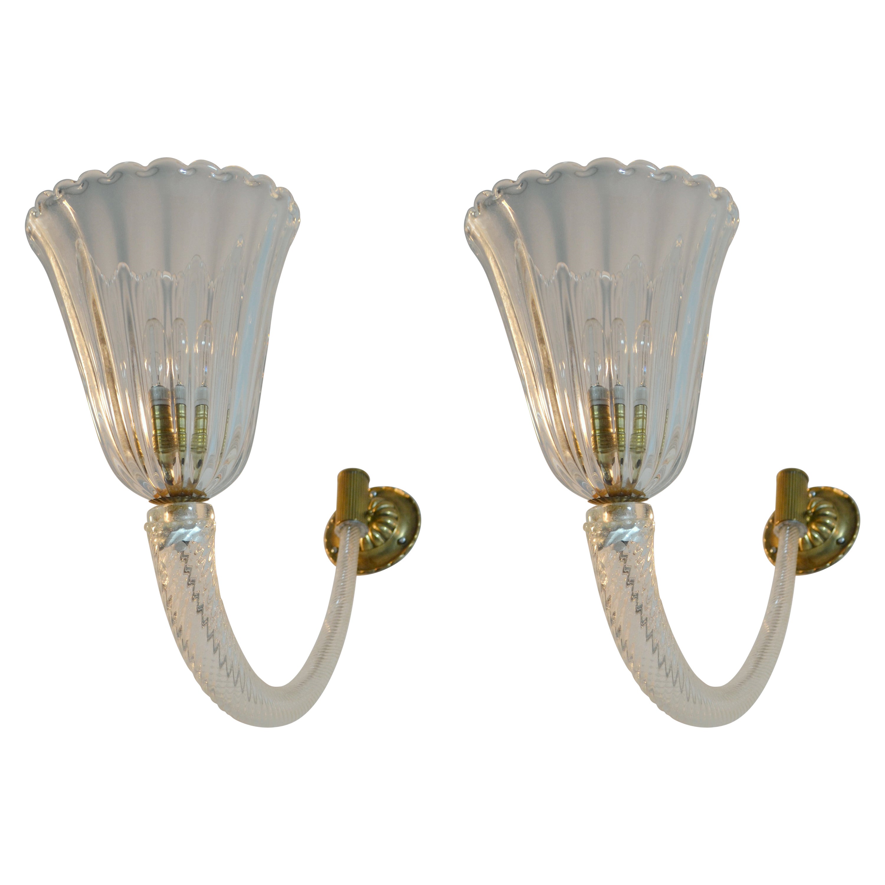 Wall Sconces Murano Clear Glass and Brass 1940's in the Style of Barovier & Toso