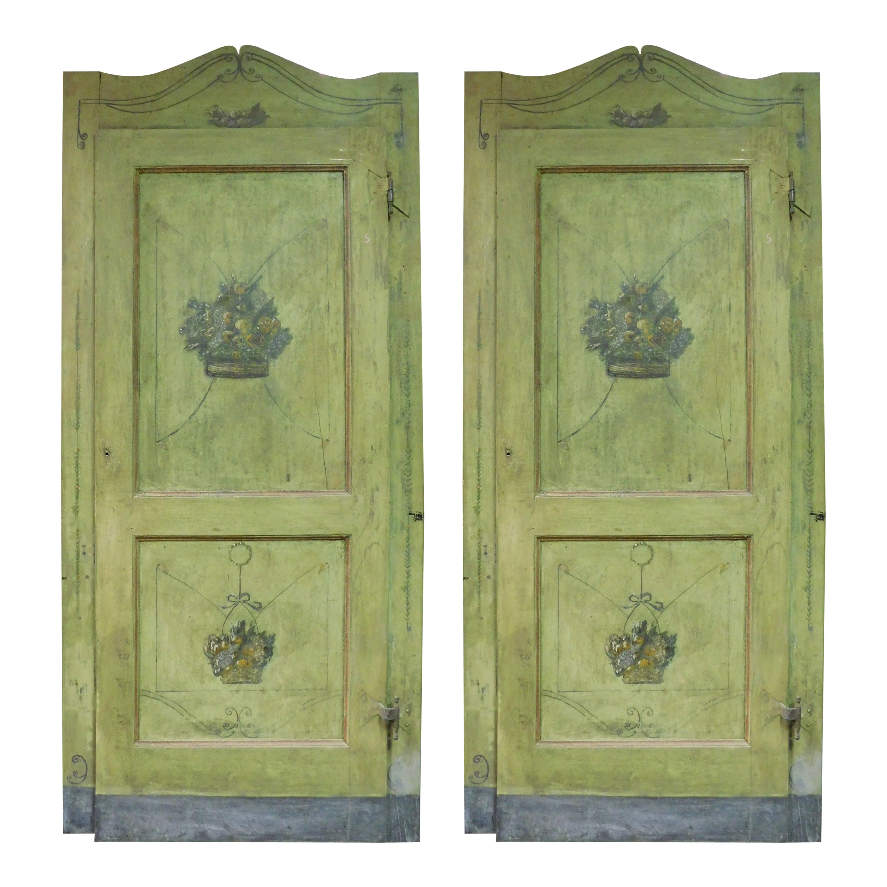 Set of 2 Antique Green Painted Doors Complete with Frame, 18th Century, Italy
