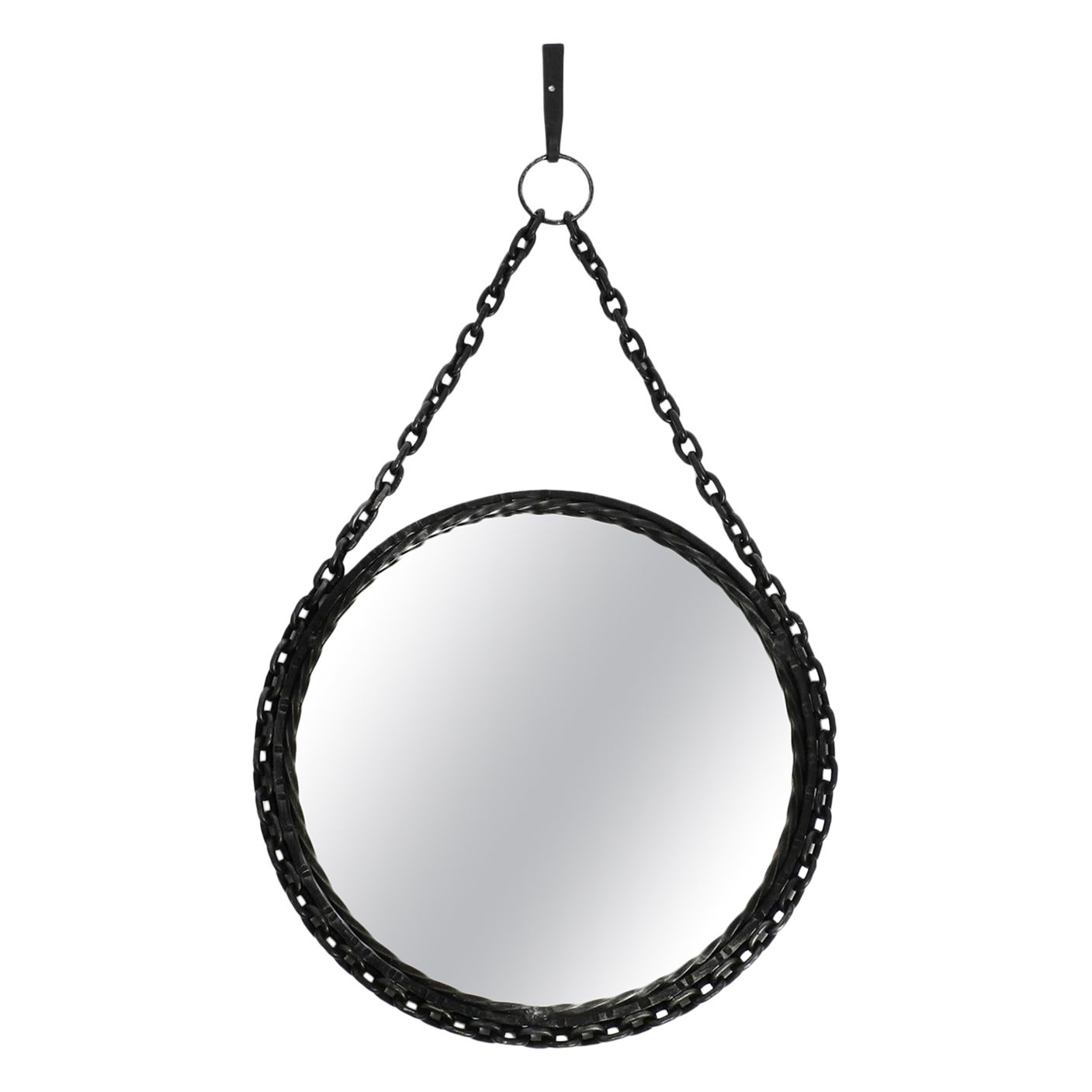 Heavy Brutalist Mid Century Design Wall Mirror with Wrought Iron Frame and Chain For Sale